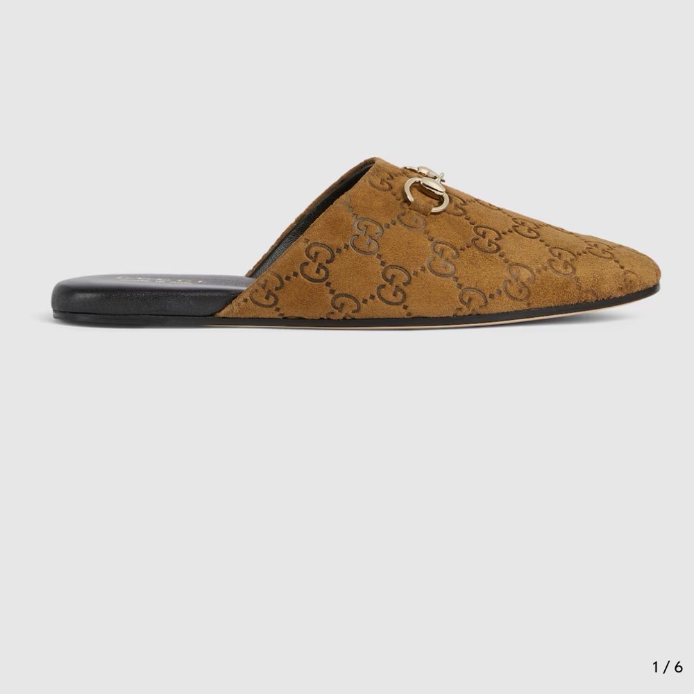 Gucci Brown Suede Monogram Mules